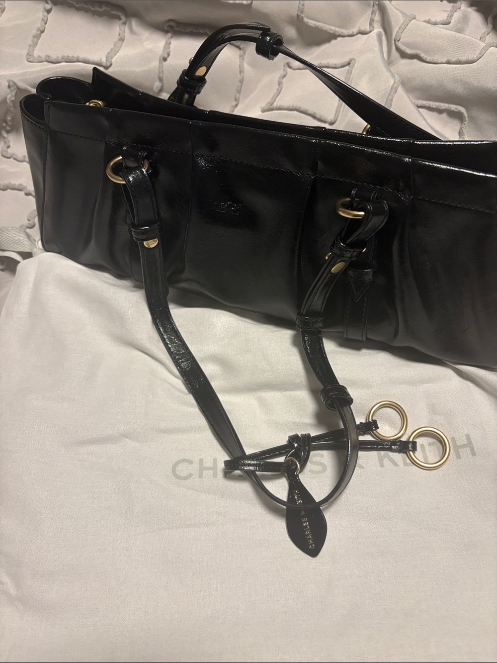 Charles & Keith Black Patent Shoulder Bag with Gold Hardware